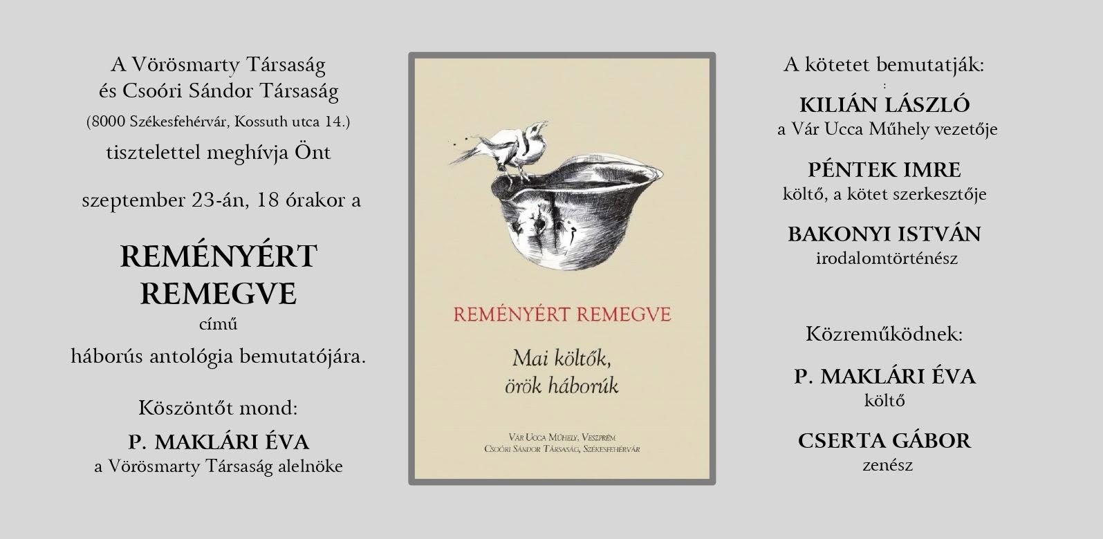 Reményért remegve – Mai költők, örök háborúk – könyvbemutató a Vörösmarty Társaságnál