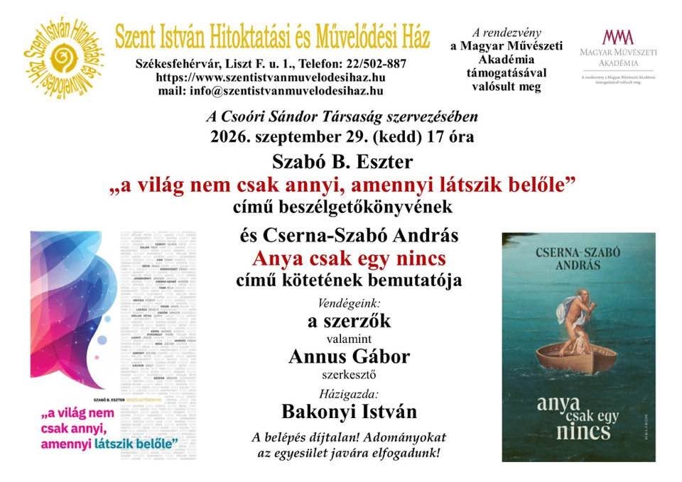 Szabó B. Eszter és Cserna-Szabó András köteteit mutatja be a Csoóri Sándor Társaság