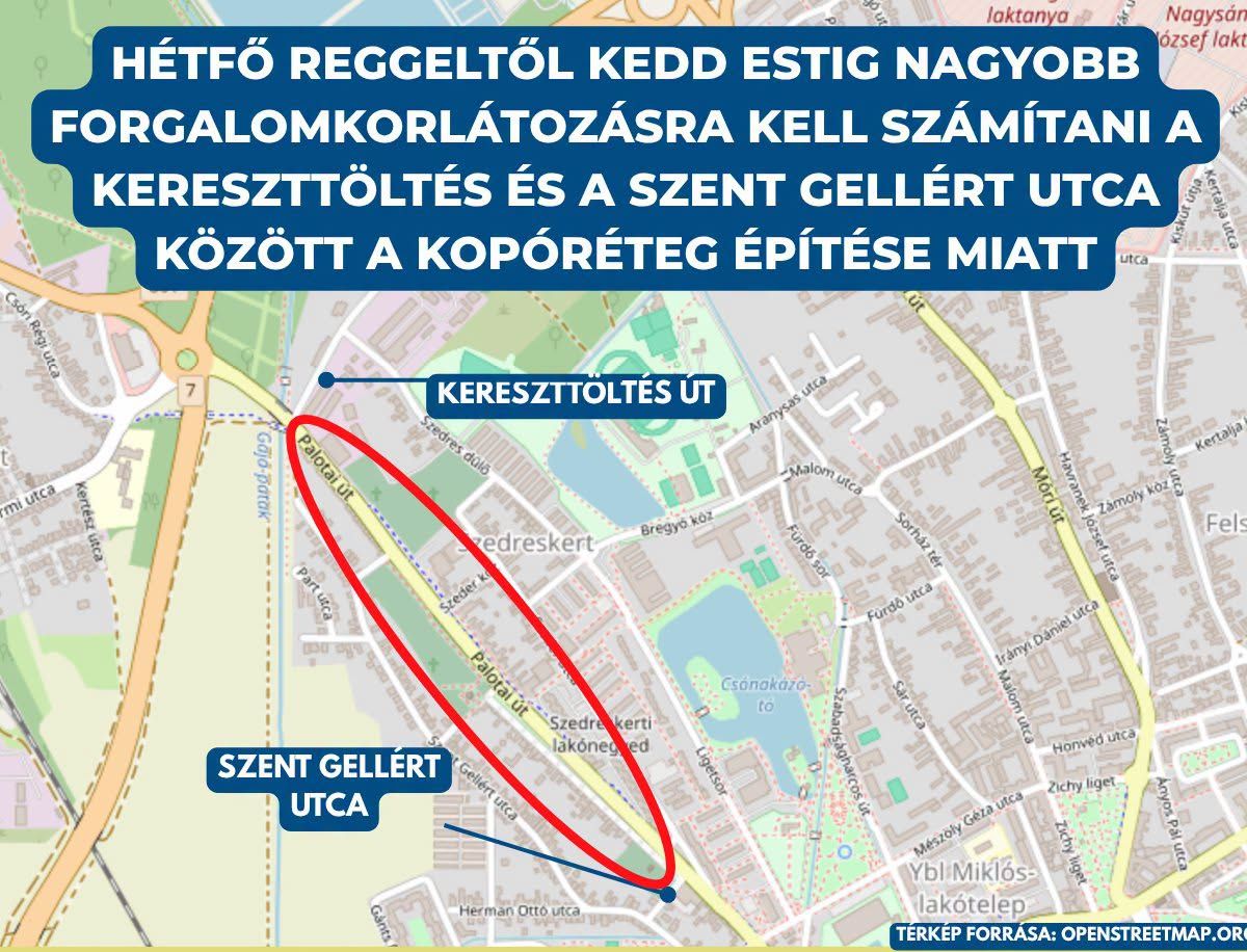 Újabb szakaszához ért a Palotai út felújítása – hétfő reggeltől kedd estig nagyobb forgalomkorlátozásra kell számítani