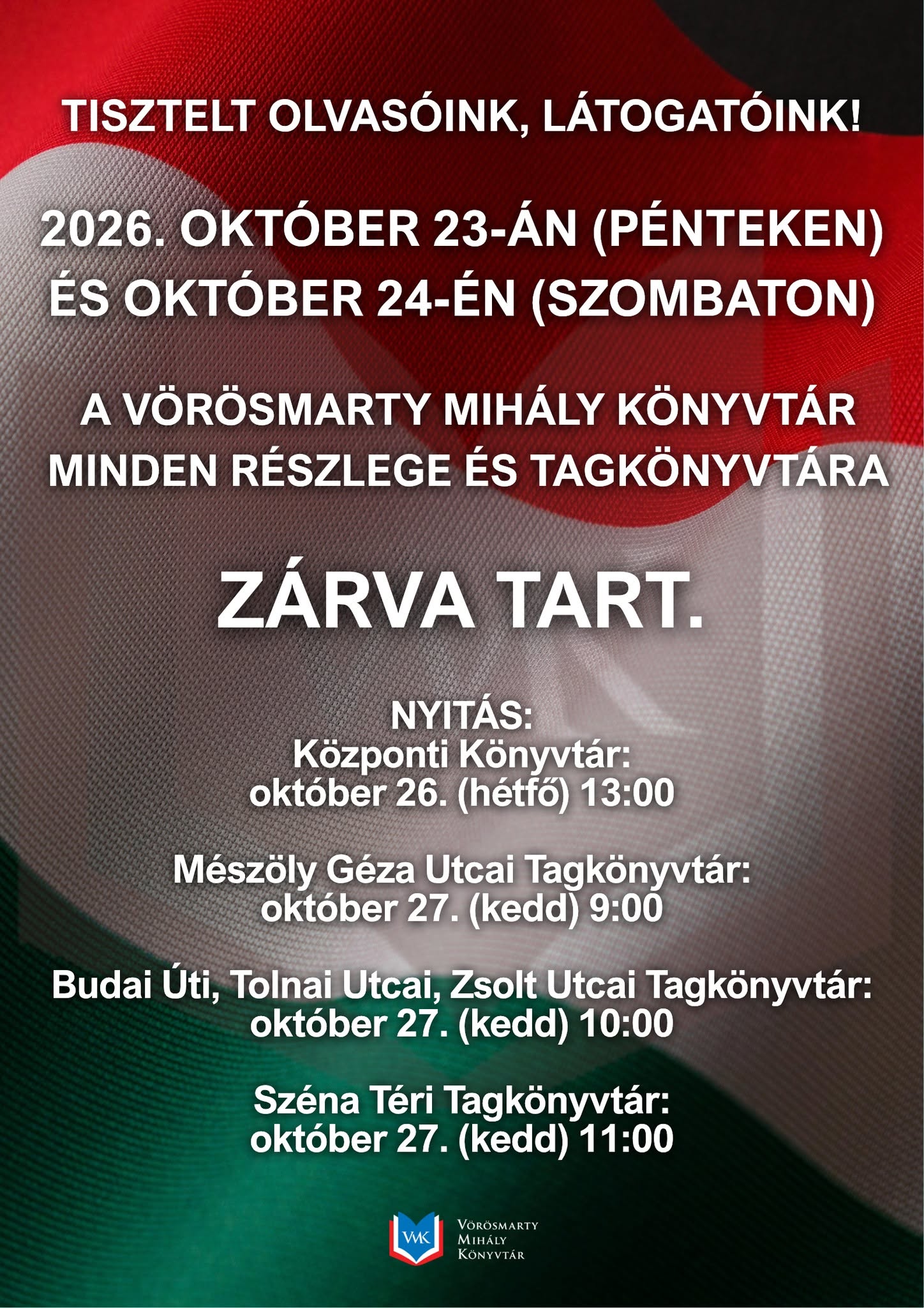 Pénteken és szombaton zárva tart a Vörösmarty Mihály Könyvtár valamennyi részlege